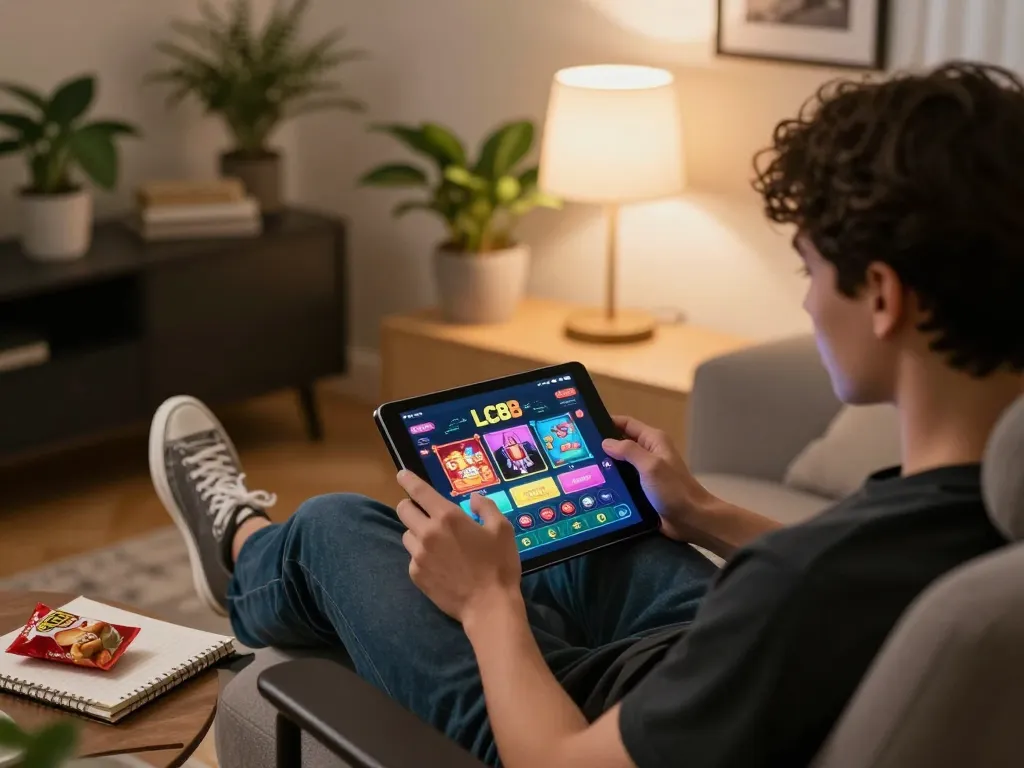 Player enjoying the LC88 casino app on a stylish tablet, set in a cozy modern home.