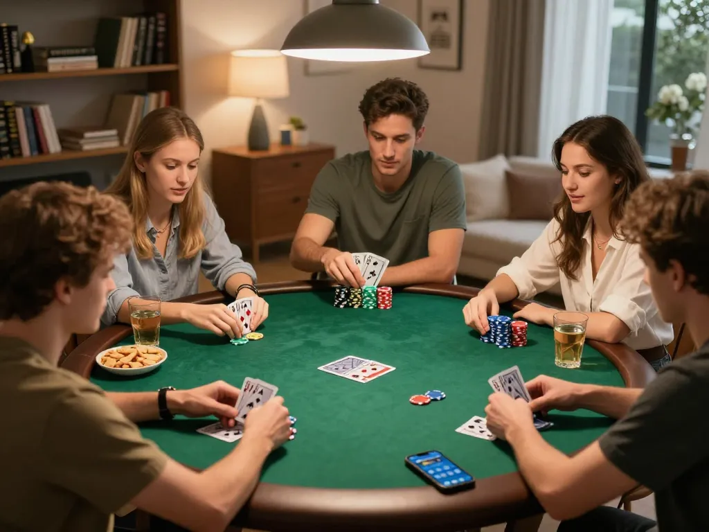 Enjoying a poker night at home with friends while using the 98WIN app for game strategy.