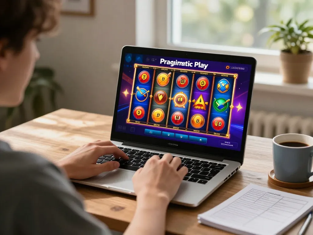 Player engaging with LGODEWA's premium demo slot game on a laptop in a cozy home environment.