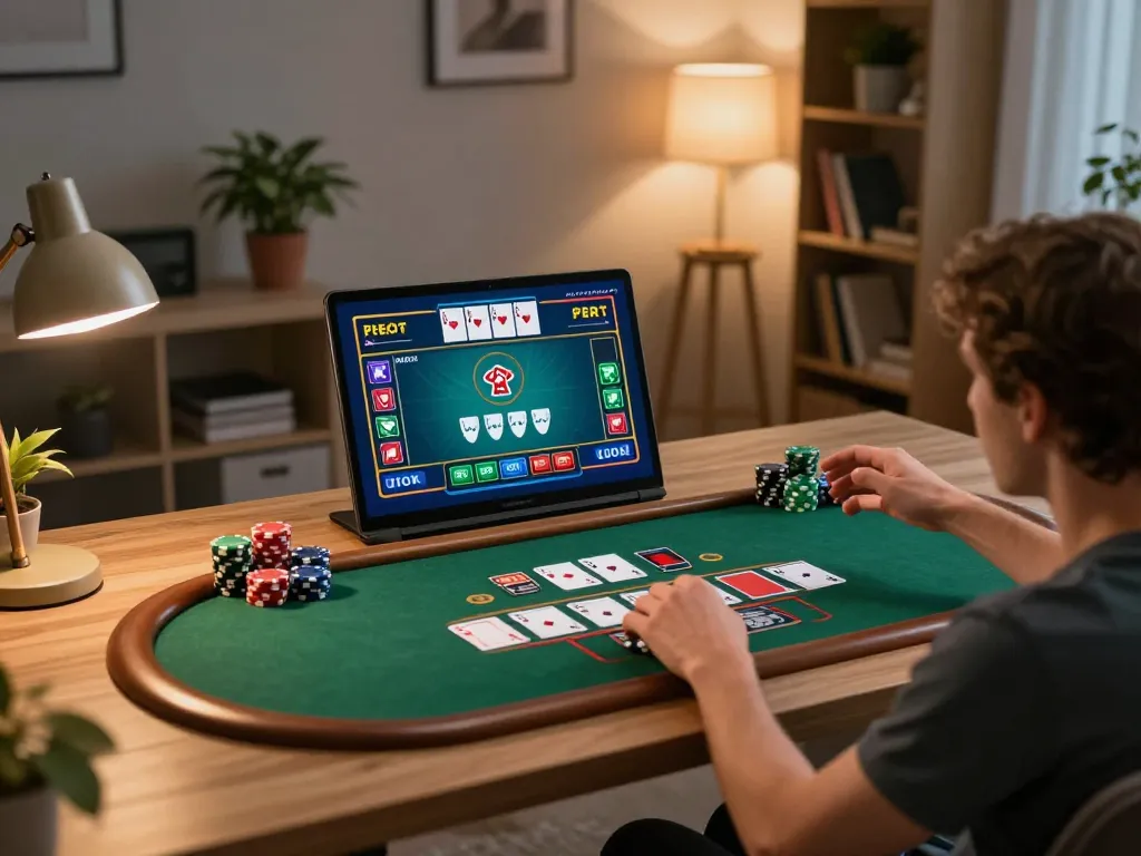 VIC88 player enjoying an engaging live casino blackjack game on a laptop at home, showcasing strategic gameplay.