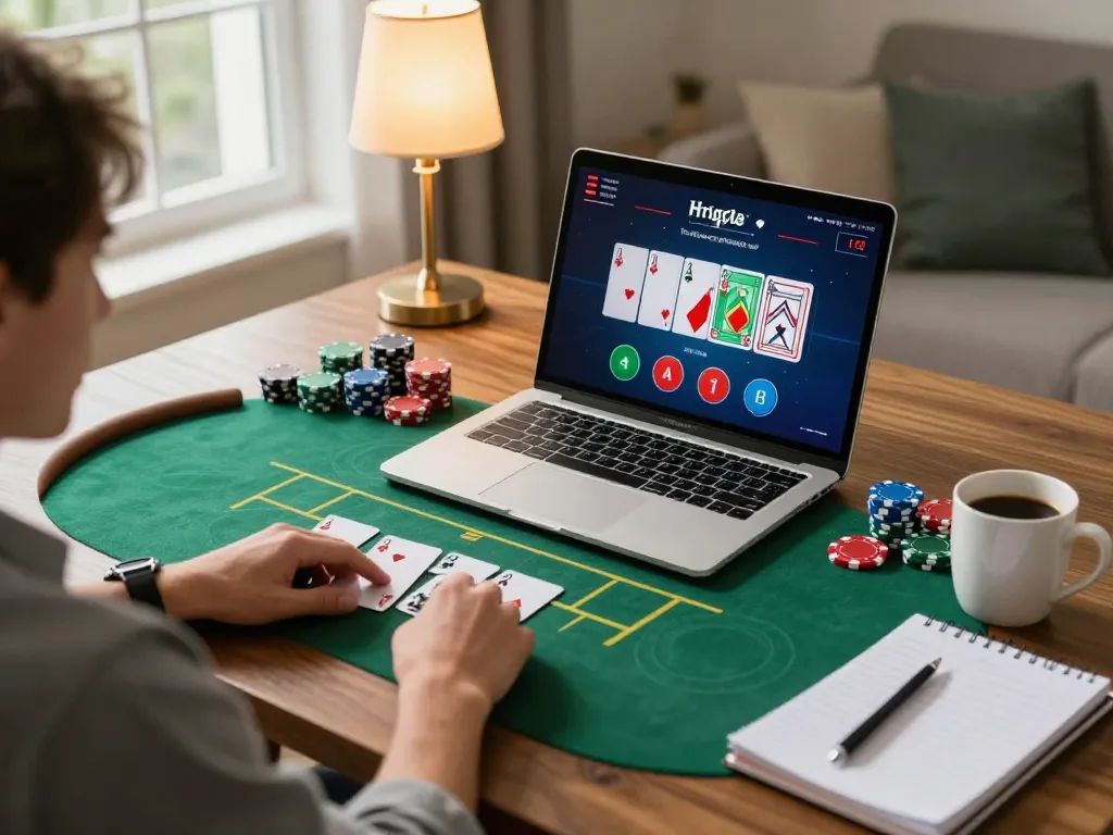 Engaging in online poker gameplay on a laptop at home while exploring MMOO COM