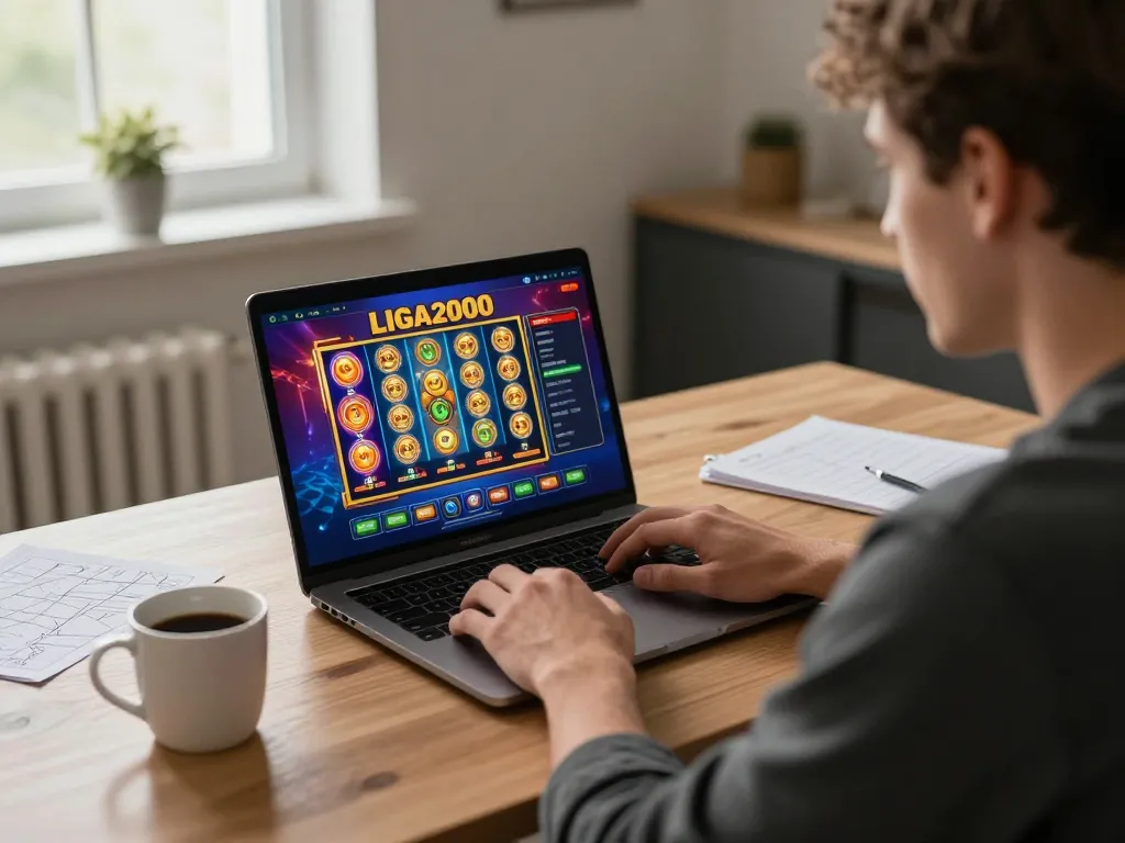 LIGA2000 player's focused strategy in online gaming session at home office.