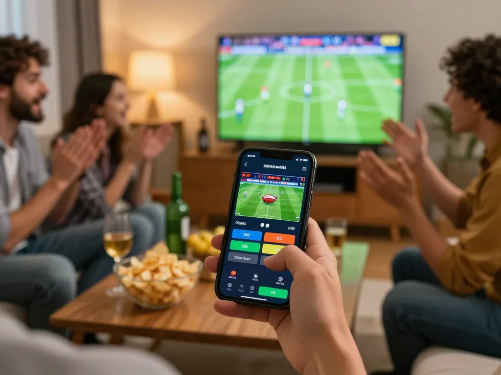 Cakhiatv user placing a bet on football match highlights in a lively home setting with friends.
