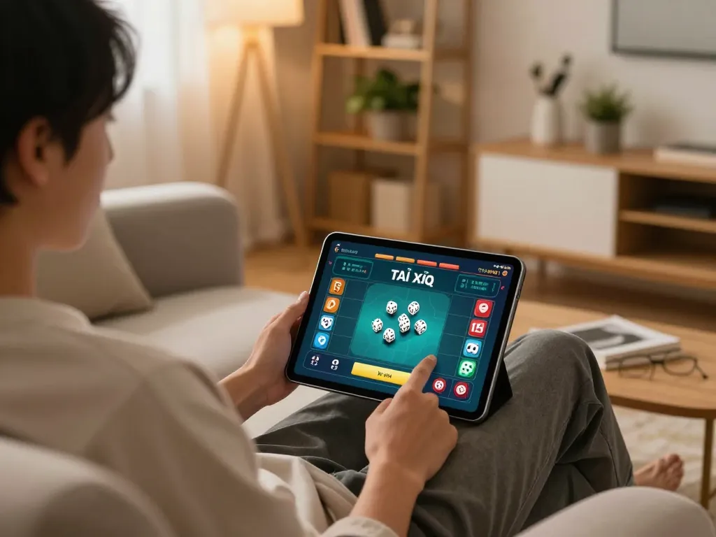 Tài Xỉu gameplay on a tablet in a cozy home environment, showcasing online gambling experience.