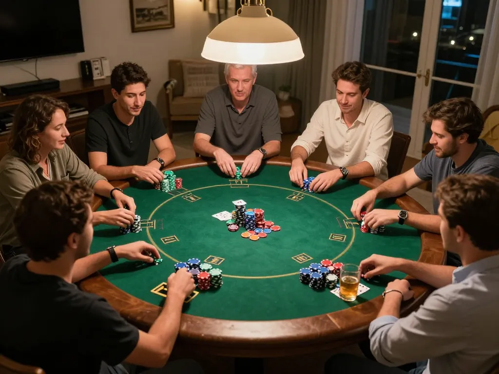 Players enjoying a thrilling poker night at home, showcasing the camaraderie and strategic moments of 789bet gaming.