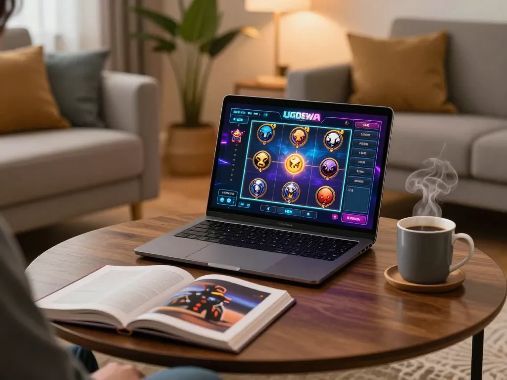 Player enjoying a slot game on UGDEWA platform in a cozy home setting, showcasing engaged gaming atmosphere.