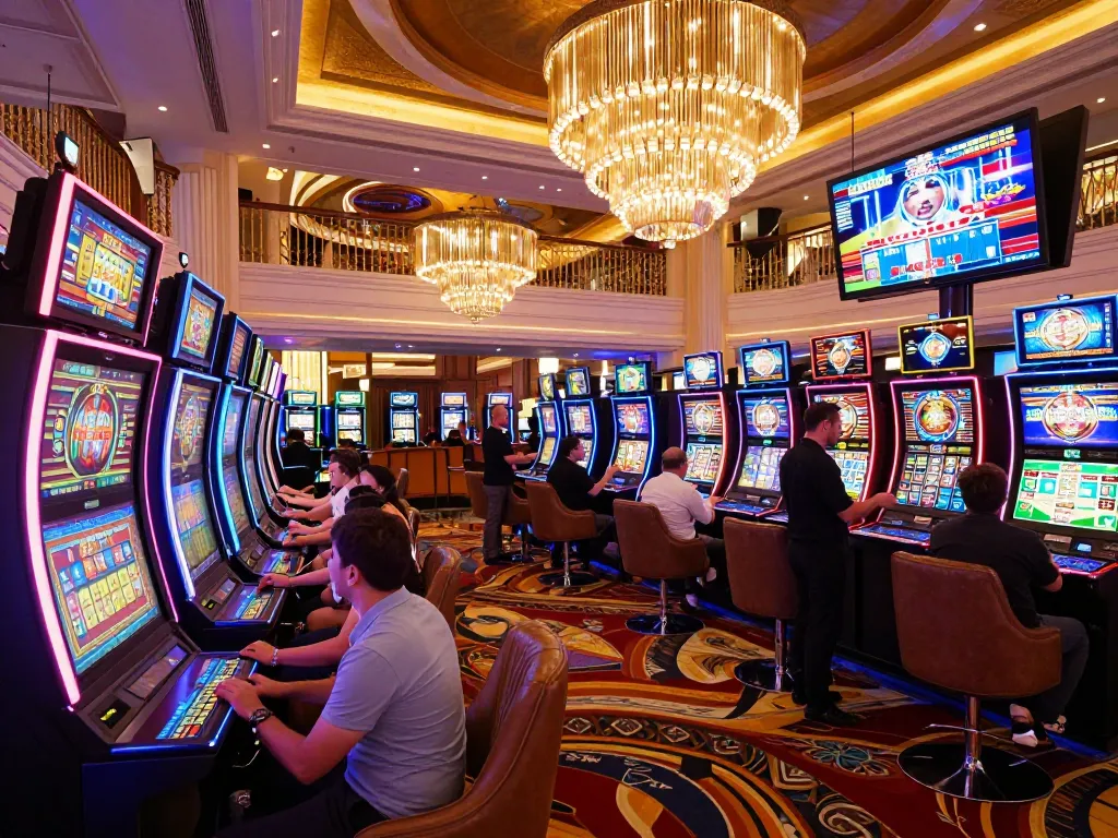 Excited players enjoying vibrant slots at nhà cái vua 88 casino with bright neon lights.