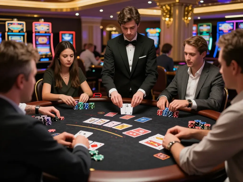 FLY 88 players strategizing their bets at a glamorous blackjack table in an upscale casino