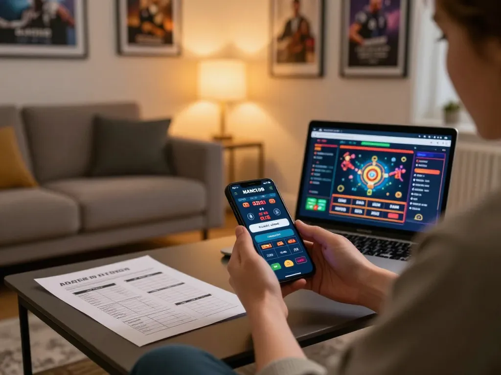 Engaging moment with a user betting on manclub app in a cozy setting, showcasing responsible gaming practices.