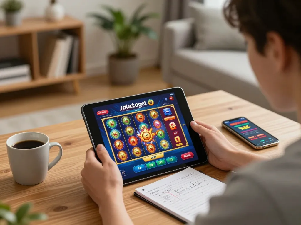 Pemain menikmati permainan slot online Jalatogel di tablet di ruang tamu yang nyaman.