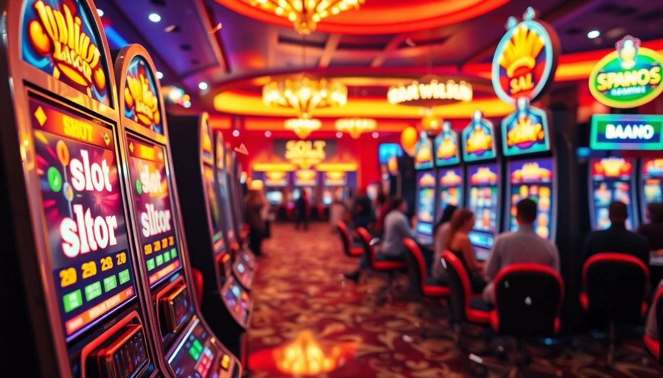 Aksi menang di mesin slot gacor yang dikelilingi cahaya kasino yang cerah.