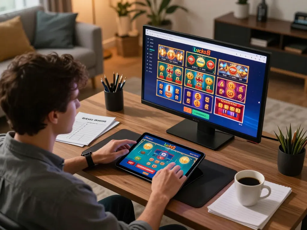 Lucks8 user engaging in a strategic online gaming session with a tablet in a modern home setting.