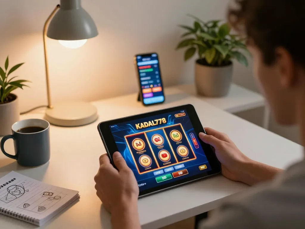 KADAL778 player enjoys online gaming on tablet, showcasing vibrant slot interface and cozy atmosphere.