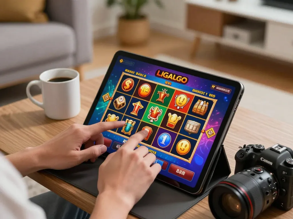 LIGALGO enthusiast engaging with an online slot game on a tablet in a cozy living room