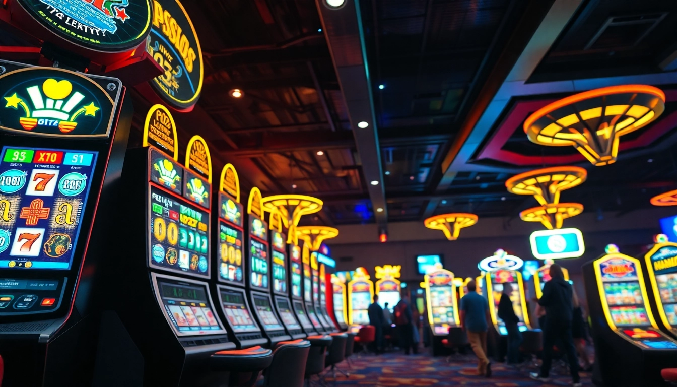 Menangkan slot yang menarik dengan mesin kasino berwarna cerah dan pemain yang bersenang-senang.