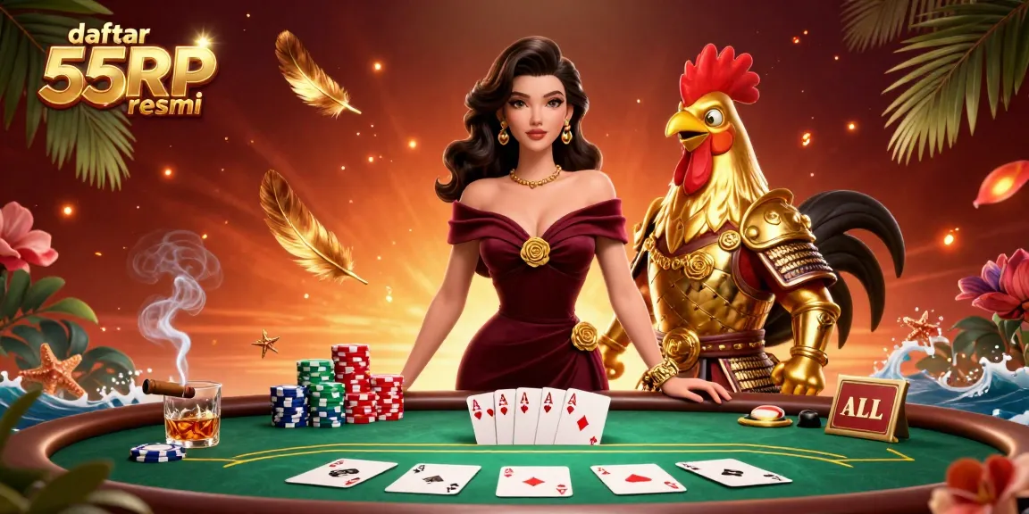 Engage in thrilling gameplay with daftar 55RP resmi, showcasing a glamorous woman beside a golden rooster warrior, amidst rich poker elements.