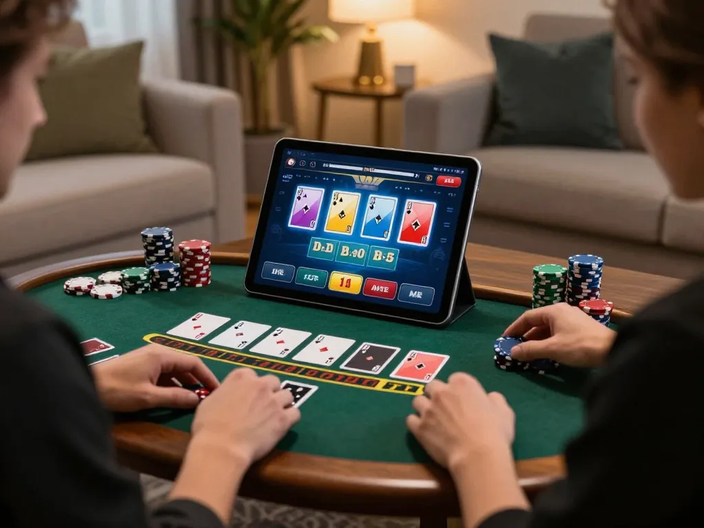 Engaging in strategic blackjack gameplay on 789bet in a stylish home setting.