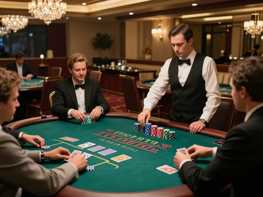 Experience an exciting game of blackjack at MPO08 with players strategically placing bets and a professional dealer at the warm casino