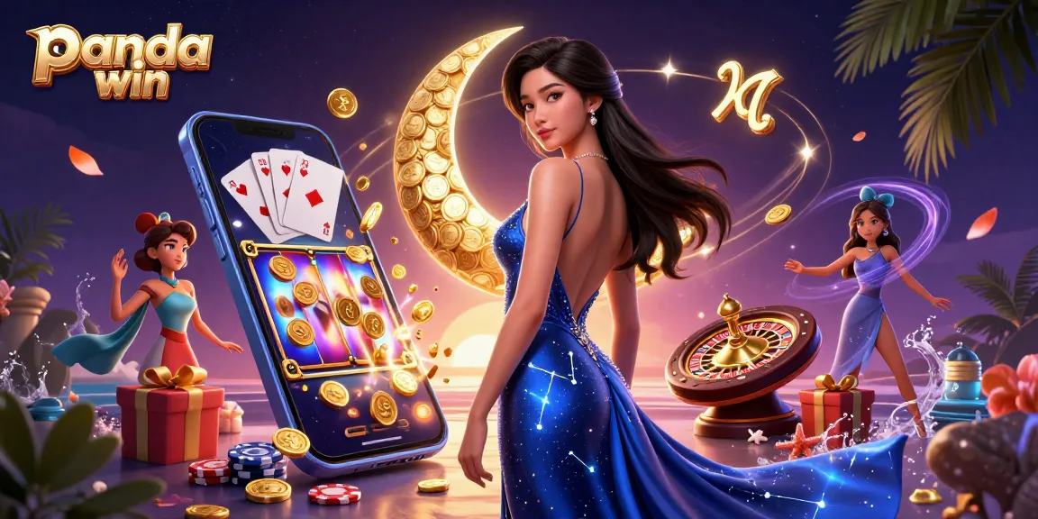 Panda win memuaskan pemain dengan adegan kasino mewah yang menampilkan slot, kartu, dan koin yang berwarna-warni.