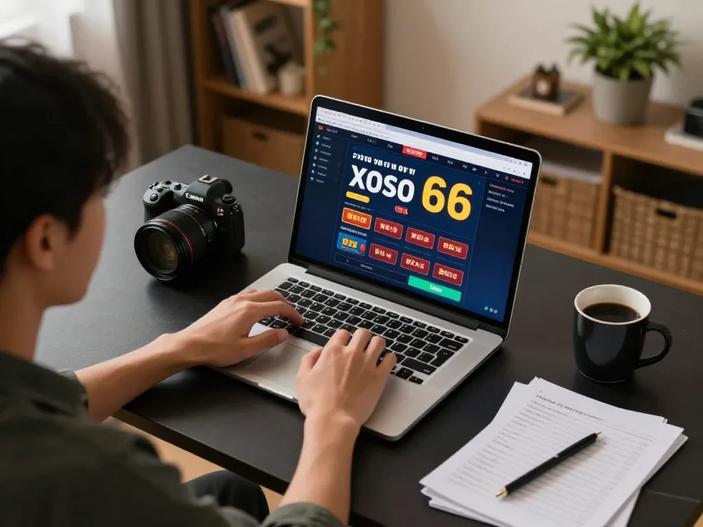 Player engaging in xoso 66 online betting while studying strategies at a cozy desk.