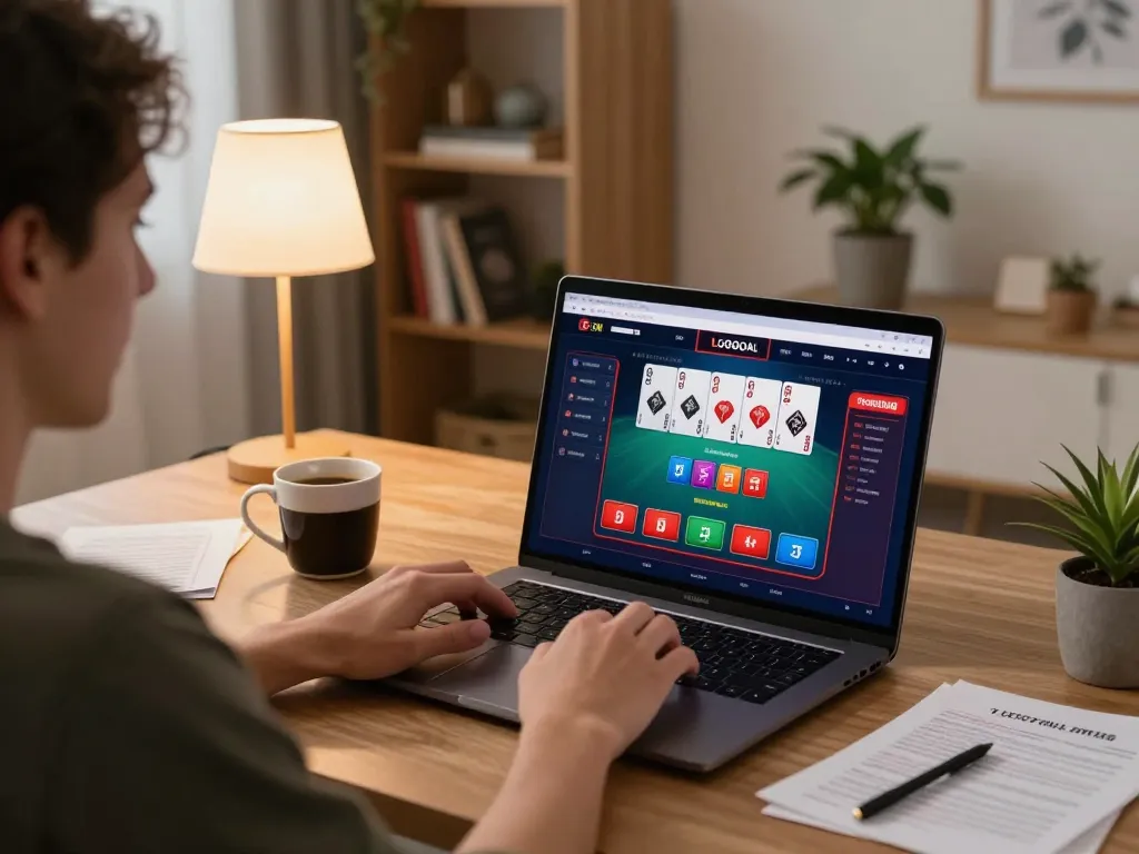 Engaging online gameplay with LGOGOAL displayed on the laptop, capturing the excitement of virtual casino action.