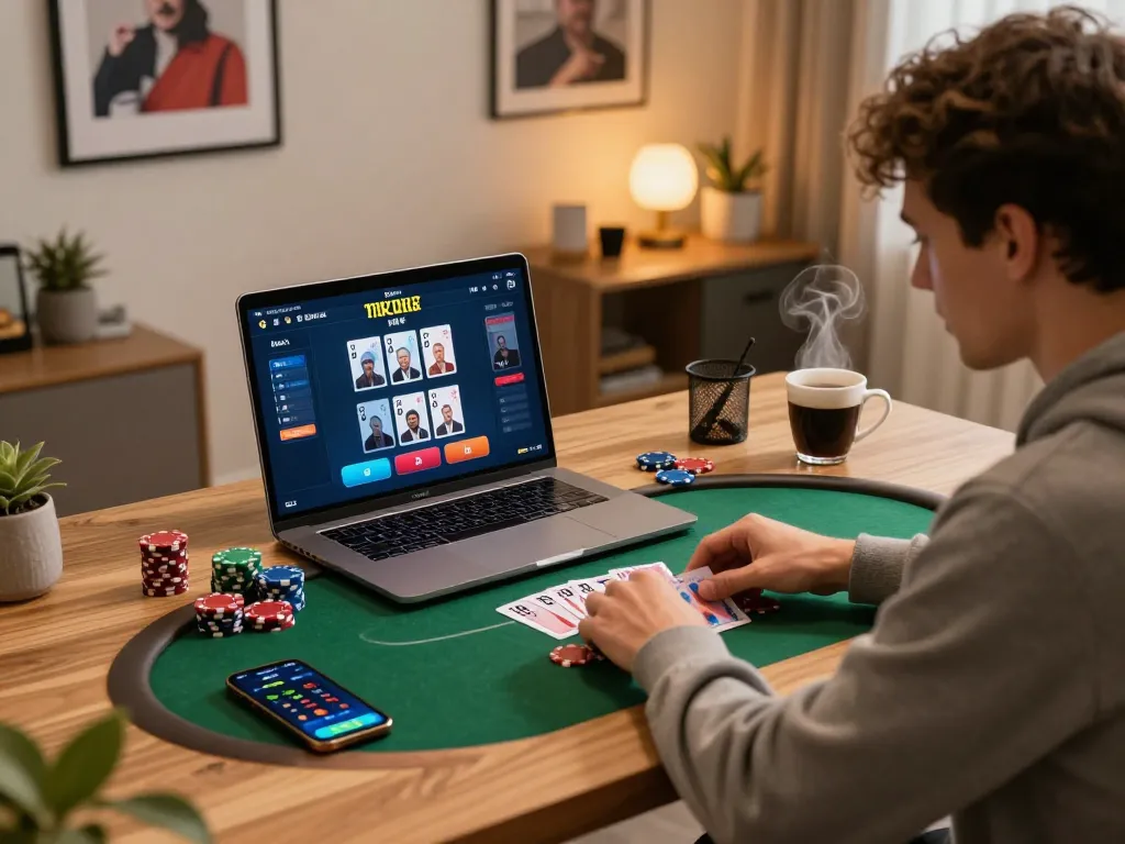 hubet online poker game in progress with player analyzing cards and strategies at home