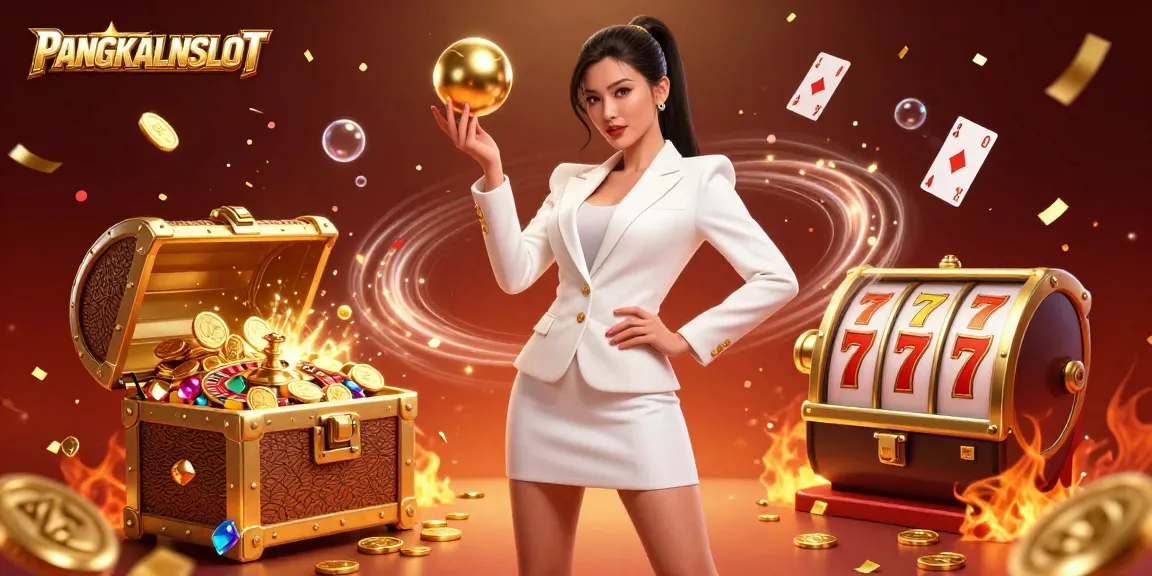 PANGKALANSLOT showcases a stunning casino scene with a confident woman holding a roulette ball, surrounded by slot reels and festive confetti.