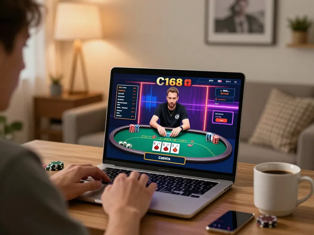 C168 player engaged in strategic online poker game, showcasing immersive gaming setup with laptop.