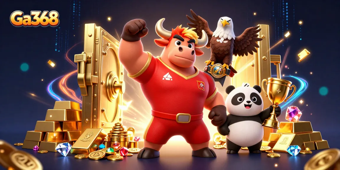 Ga368 showcases an energetic bull mascot and friends celebrating, surrounded by gold treasures and vibrant effects.