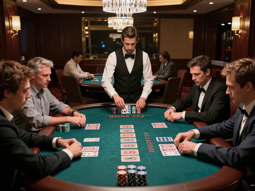 Play strategic blackjack at cm88, featuring intense players and a professional dealer in a luxuriously lit casino.