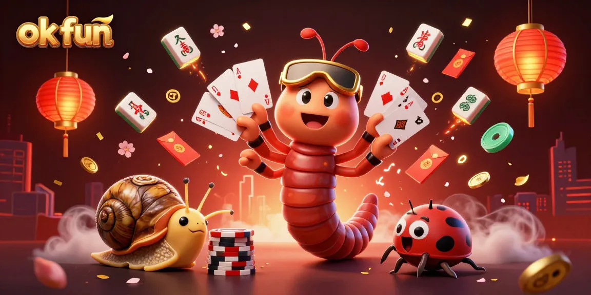Join the excitement of ok fun as a cartoon millipede dealer showcases stunning cards in a vibrant casino.