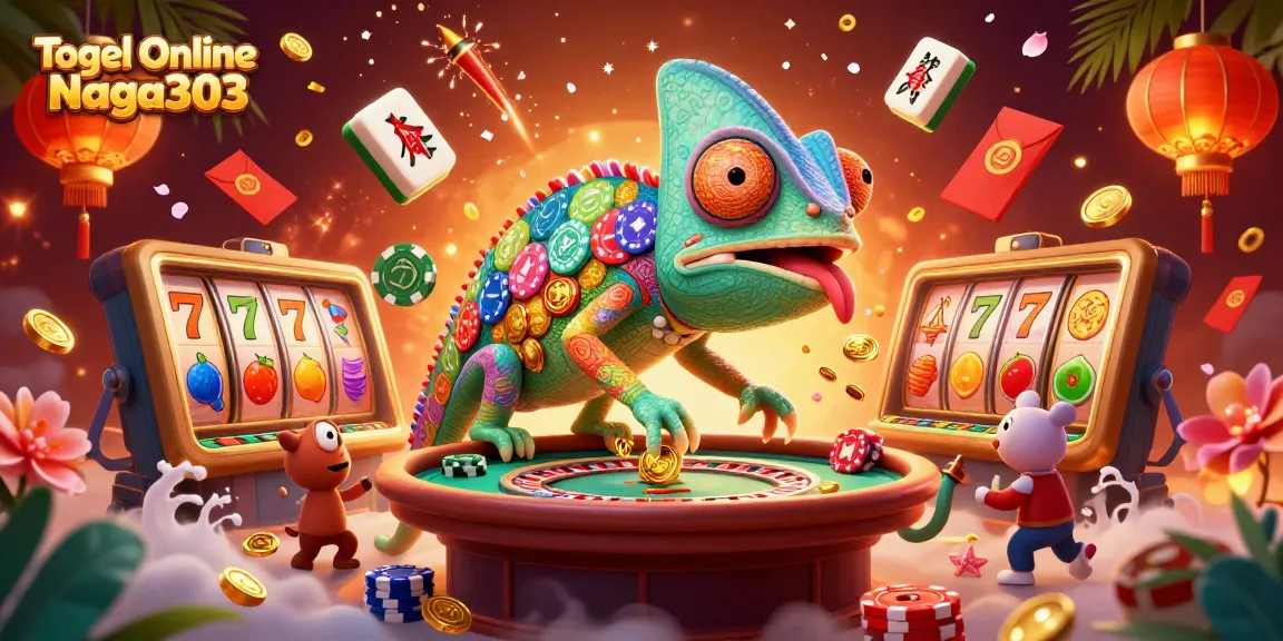Togel Online Naga303 chameleon casino owner with vibrant colors surrounded by rich slot game elements.