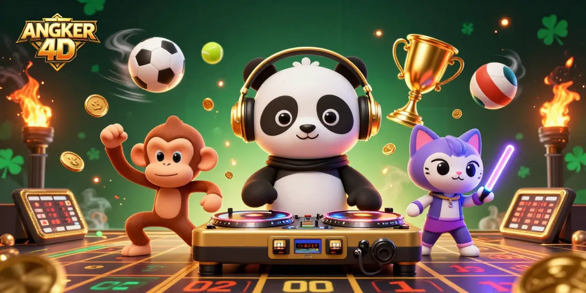 Experience the excitement of ANGKER 4D with a vibrant 3D gaming scene featuring a DJ panda, gaming elements, and adrenaline.