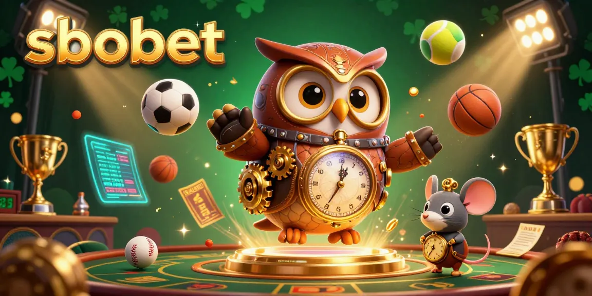 Engage in sbobet betting action with a vibrant 3D illustration showcasing sports balls, trophy elements, and casino themes.