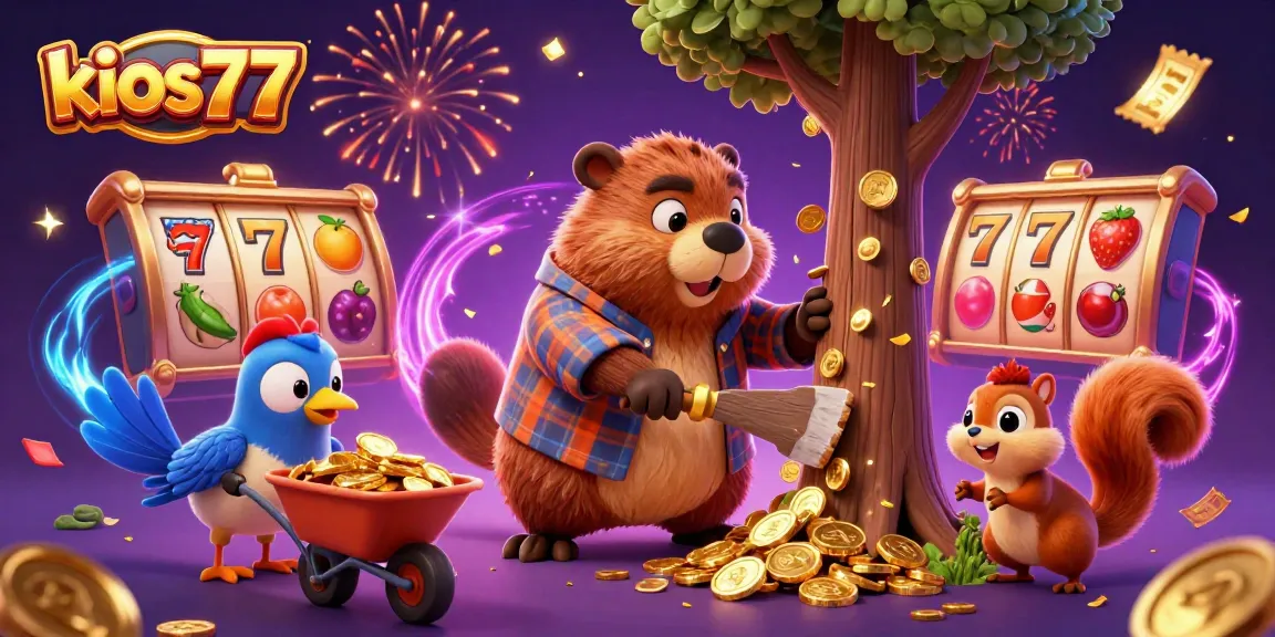 Experience thrilling slots action with kios77 featuring a cartoon beaver in a coin rain.