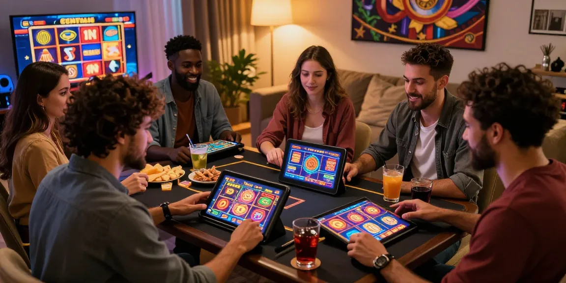 Friends enjoying online slot games in a cozy gaming environment with vibrant graphics.