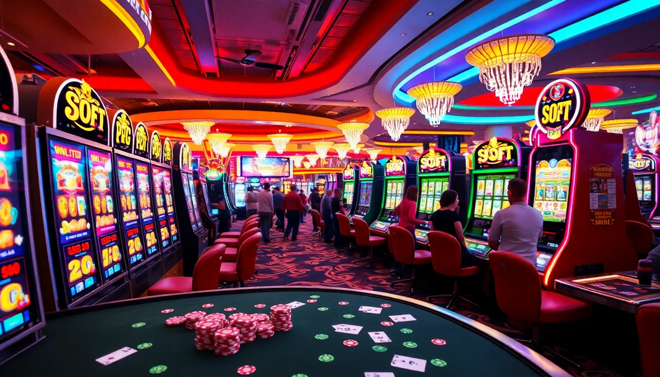Players enjoying interactive Pg soft games at a lively casino, showcasing vibrant slot machines and gaming atmosphere.