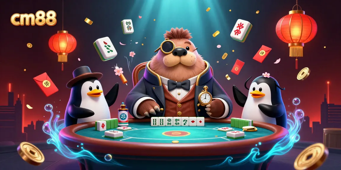Experience cm88's vibrant gaming scene with a walrus dealer, a penguin, and a bluffing pufferfish amid festive confetti.