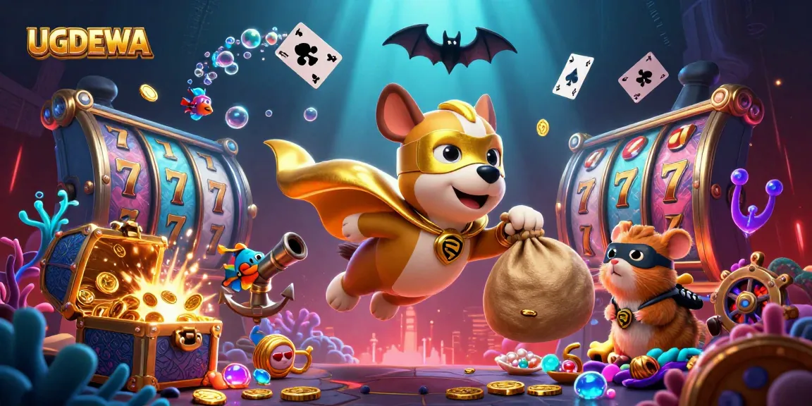 Unleash the excitement with UGDEWA, featuring a hero dog championing slots and poker chips!