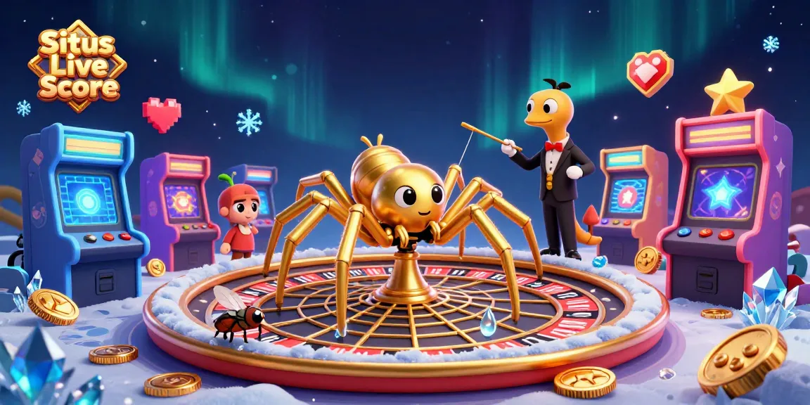 Situs Live Score illustrates a vibrant casino scene with engaging cartoon characters and dynamic elements for bettors.