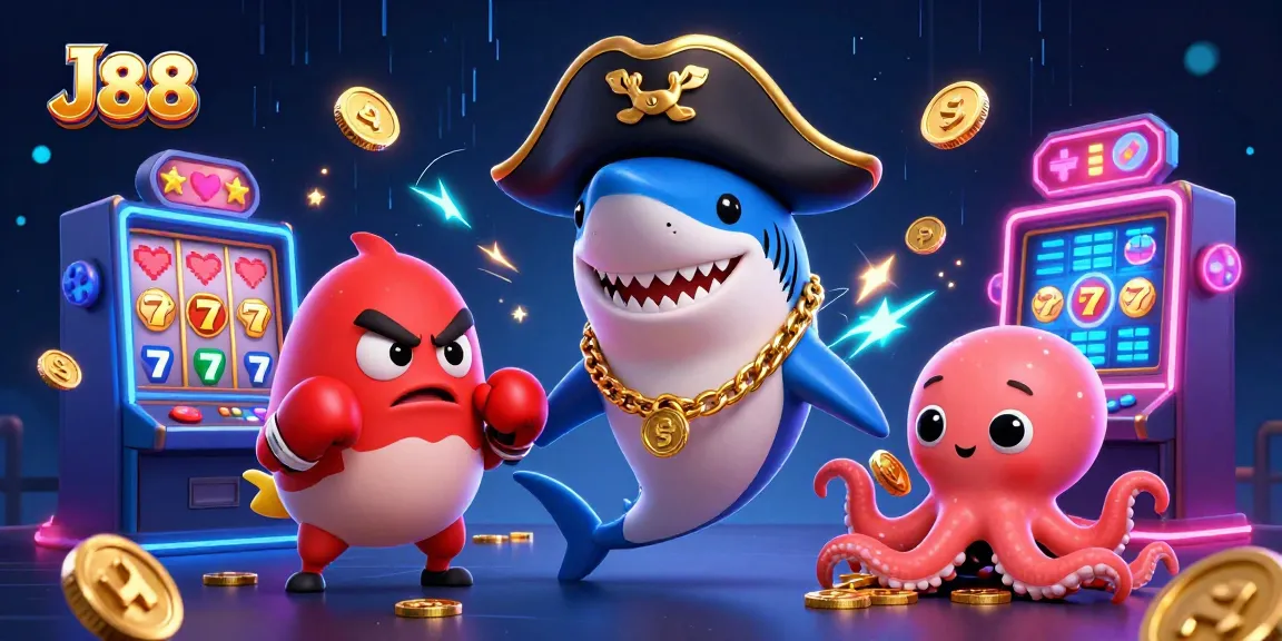 Experience the thrill of J88 with cartoon characters celebrating at a vibrant casino scene, showcasing slot machines and gold coins.