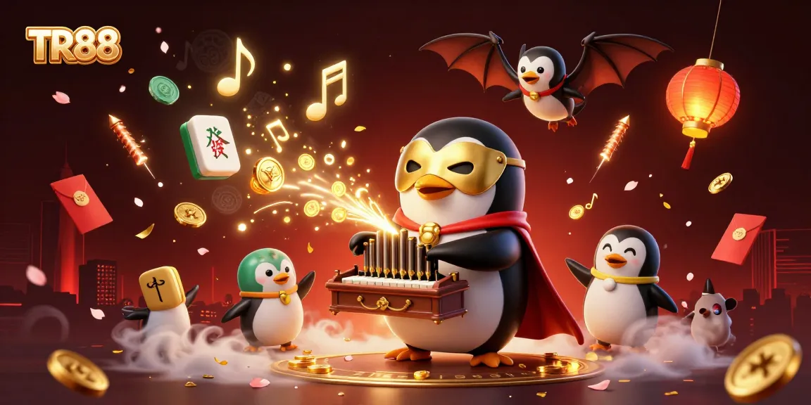 TR88 character-themed casino illustration featuring a vibrant penguin and acrobat amidst golden elements.