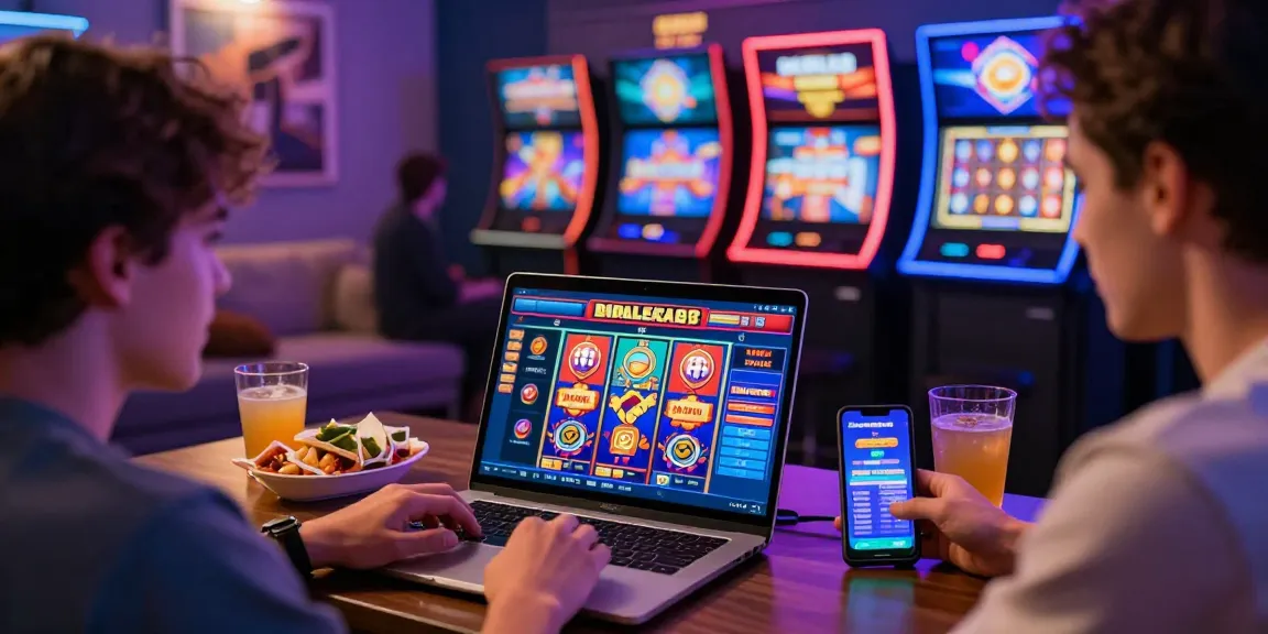 Players enjoying online gaming experience with rajaberas88 slots on laptops and smartphones, vibrant digital casino atmosphere.