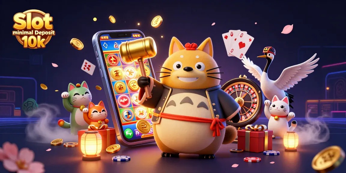 Slot minimal Deposit 10k menampilkan ilustrasi kasino ceria dengan elemen permainan seperti smartphone, koin emas, dan karakter keberuntungan.