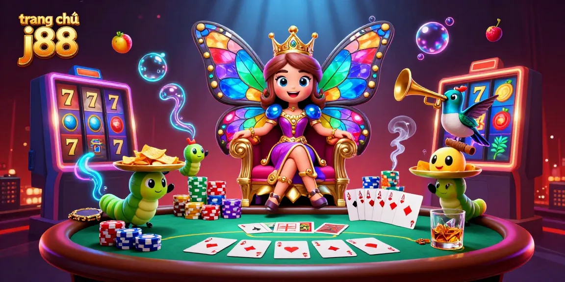 Engage with the vibrant visuals of trang chủ j88, featuring a butterfly queen amid dynamic casino elements.
