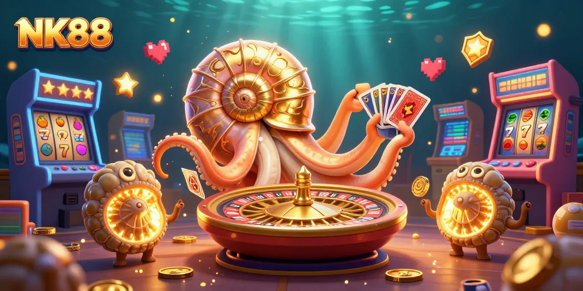 Engage in thrilling gameplay with NK88, featuring a giant nautilus roulette and vibrant slot elements.