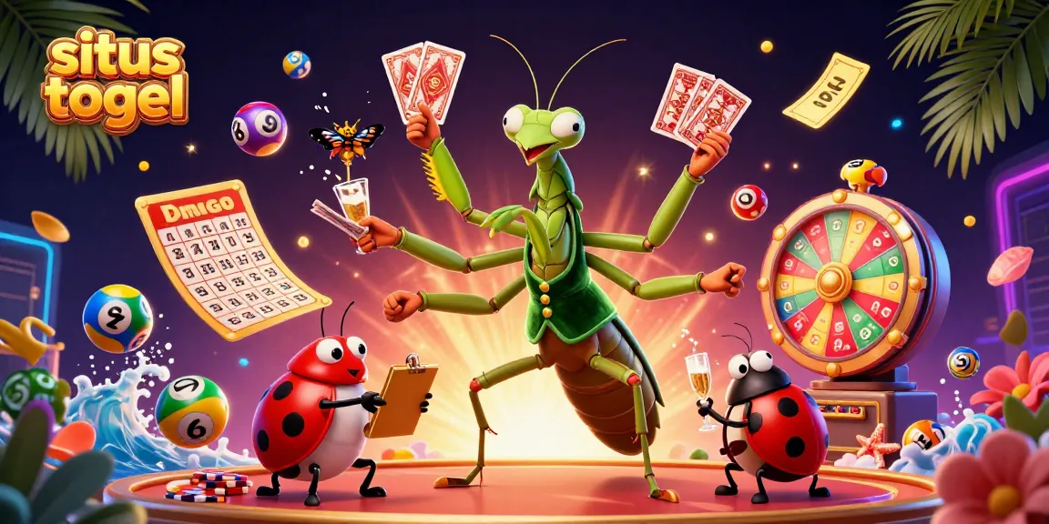 Permainan situs togel dengan keadaan ramai, karakter unik menangani lotere, bola berwarna-warni berputar dinamis.