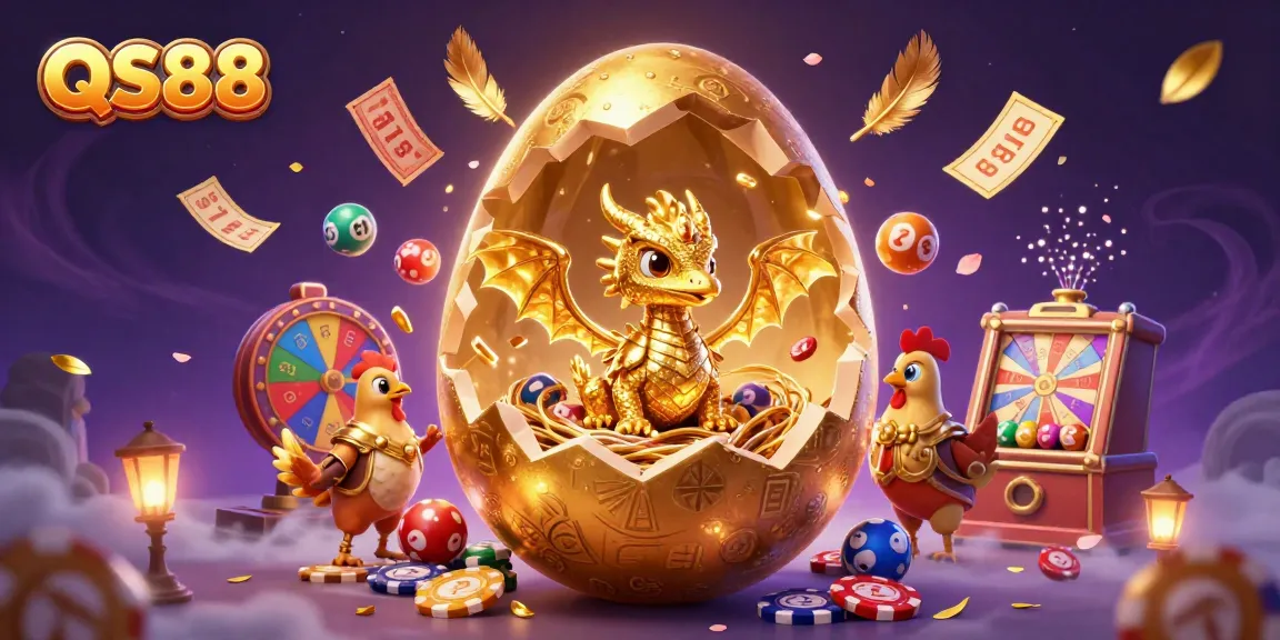 Experience the magic of QS88 as the golden baby dragon emerges amidst vibrant casino elements.