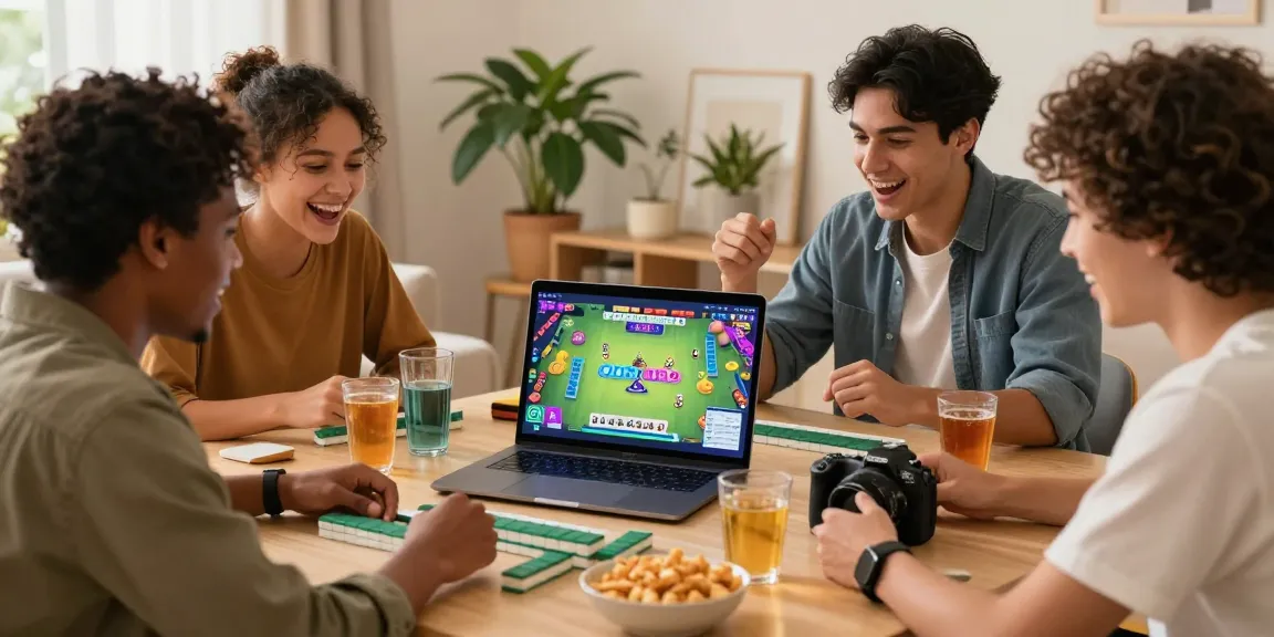Friends enjoying Mahjong online with the CIKA4D application in a vibrant living room setting.