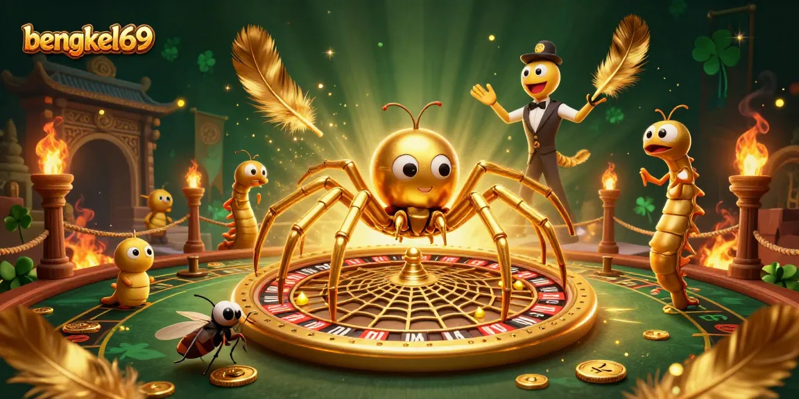 Bengkel69 showcases a vibrant 3D illustration of a spider and centipede in a casino setting, capturing the thrill of betting.